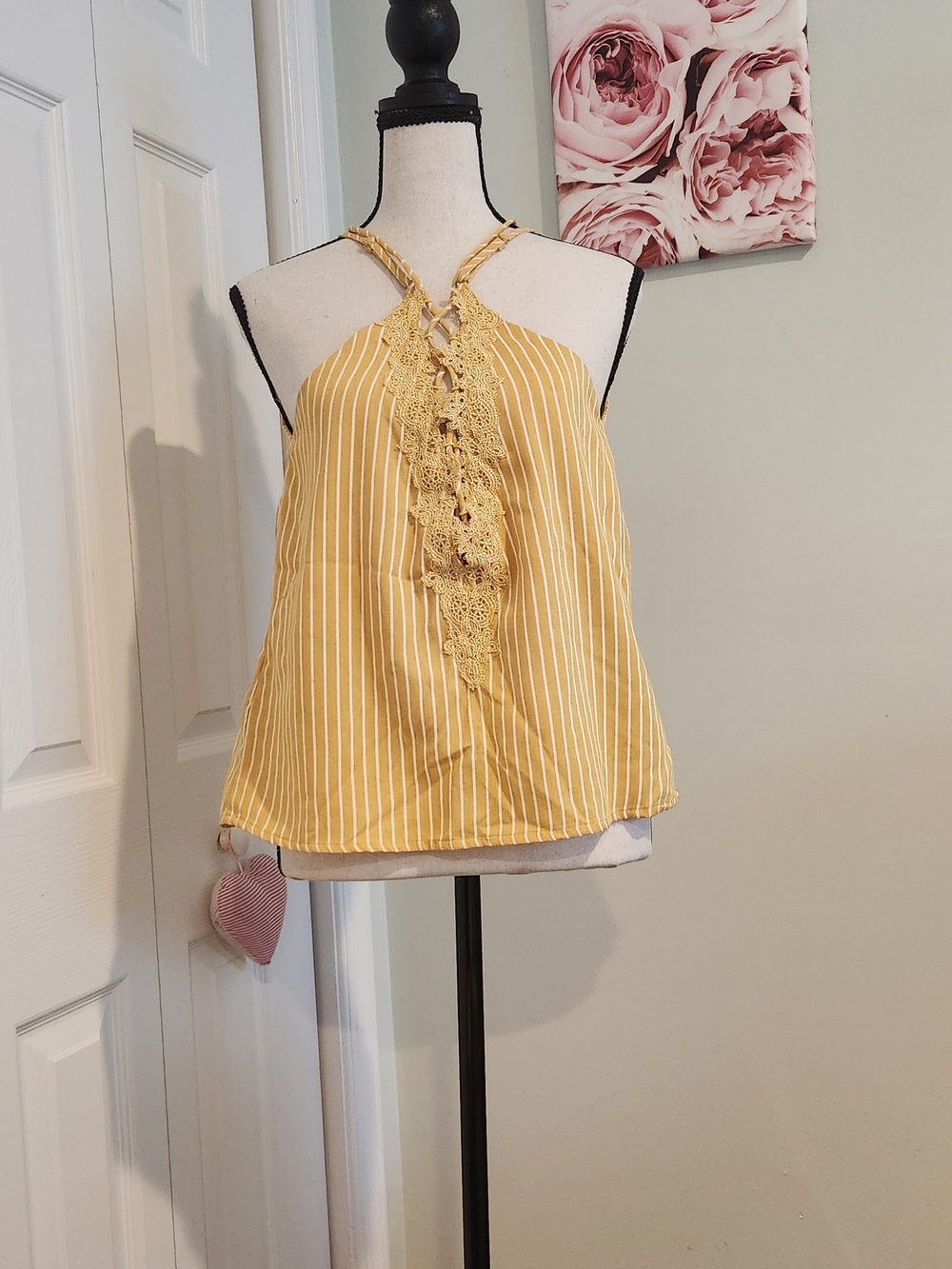 Striped Yellow Lace-Trim Halter Cami for Women